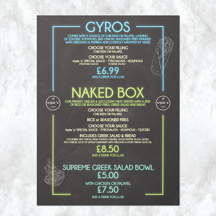 Triple A Gyros and Naked Box Menu